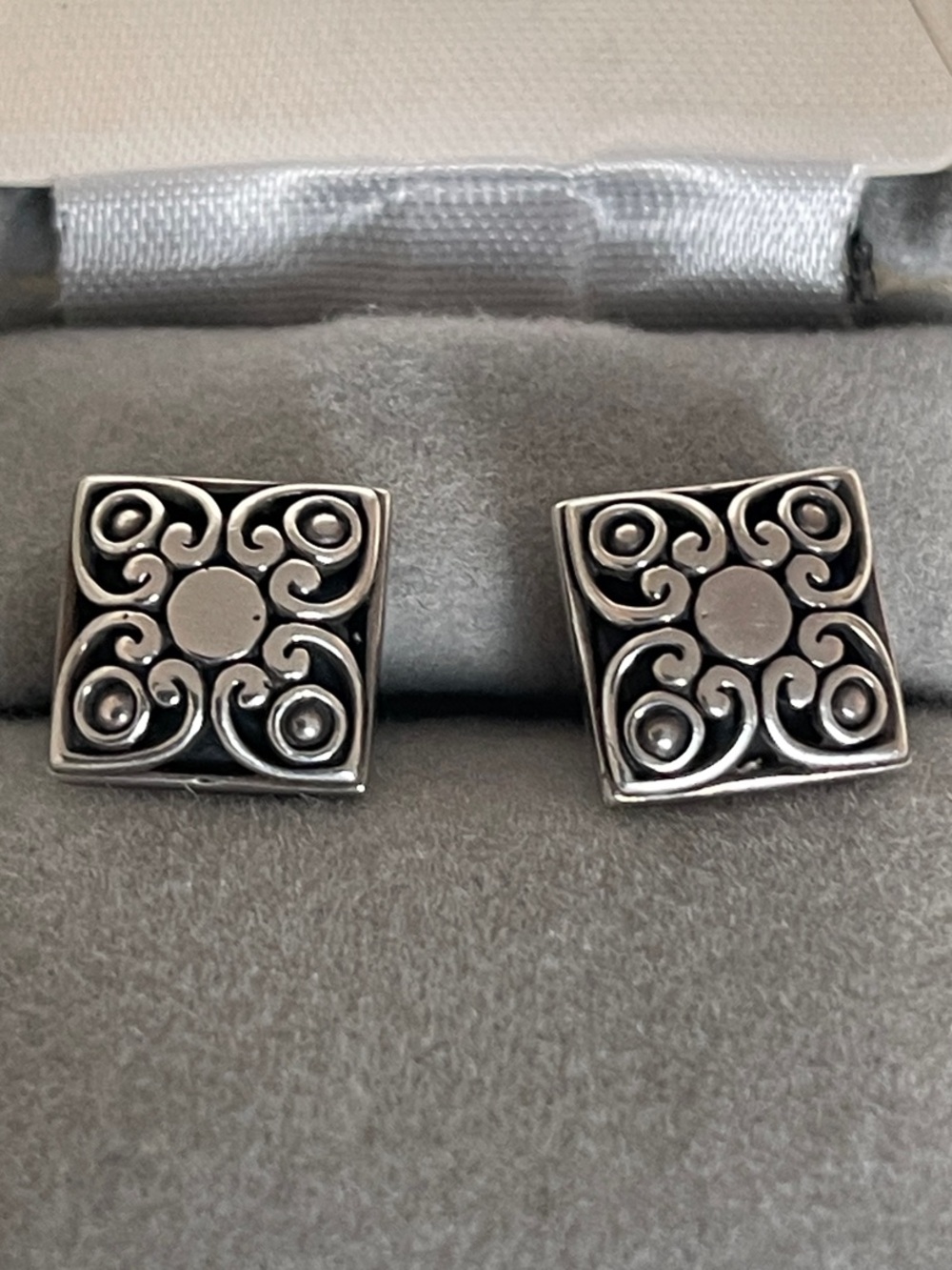 Sterling-Inspired Square Filigree Stud Earrings in Silver Tone